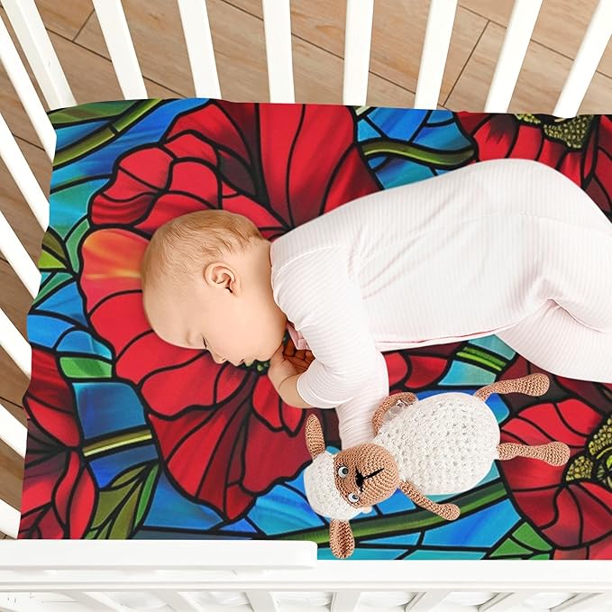 Glass Art Poppy Blue Crib Sheets Standard Crib Toddler Mattresses Cover Fitted Baby Bed Sheet Breathable Crib Mattress Sheet for Girls Boys 52" x 28"x5''