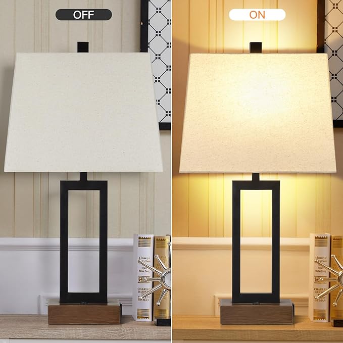Lolikit Table Lamp for Bedroom Set of 2 with 2 USB Ports and AC Power Outlet, 23.5" Modern Bedside Lamp, Wood Nightstand Lamp with Linen Shade for Living Room Hotel Desk(LED Bulb Included)