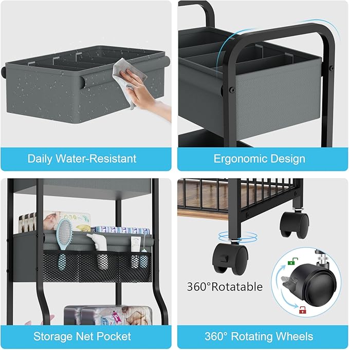NEYCIL 3-tier Baby Diaper Caddy Organizer and Storage Cart with 4+3 Dividers, Metal Utility Cart with Lockable Wheels for Nursery, Bedroom, Bathroom, Black