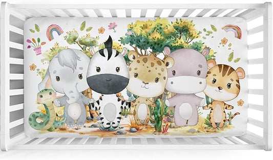 Baby Jungle Safari Animals Tropical Leaves Flowers Baby Crib Sheet 52''x28'' Fitted Crib Mattress Cover for Boy Girl Nursery Bed Sheet Fits Standard Crib Toddler Mattress (African, One Size)