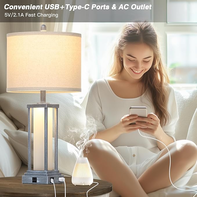 Cinkeda 27" Tall Vintage Table Lamp Set of 2 with USB C+A & Outlet,Gray Nightstand Lamp for Living Room,Retro Bedside Lamps with Frosted Glass Night Light for Bedroom Entryway,Grey