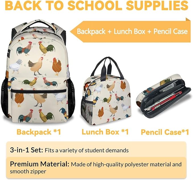 COOPASIA Chicken Backpack with Lunch Box and Pencil Case, 16 Inch Chicken Theme Bookbag with Adjustable Straps, Durable, Lightweight, Large Capacity, School Backpack for Girls Women