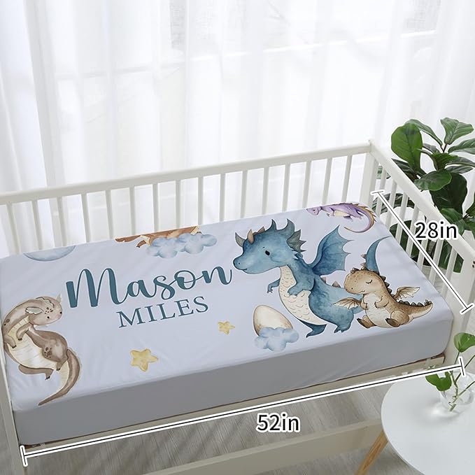 Personalized Baby Crib Bedding Set: 4 Piece Custom Gift Crib Bed Set with Name - Blue Dinosaur Design, Nursery Bedding Set for Baby Girls,Newborn Boys Girls Crib Sets, Crib Bedding Shower Gifts