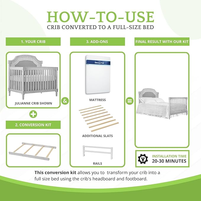 Full-Size Conversion Kit Bed Rails for Evolur Cribs - Solid Wood Crib Convertible Kit to Kids Bed - Transitional Style Rails & Easy-to-Install Child Essentials for Safety (Antique Grey Mist)