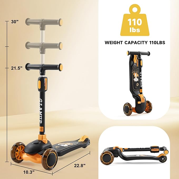 GLAMUP Kids Kick Scooter 3 Wheels, Kids Scooter Height Adjustable Handlebar, Lean-to-Steer System & Easy-Folding Mechanism, Ages 3-14 Boys and Girls