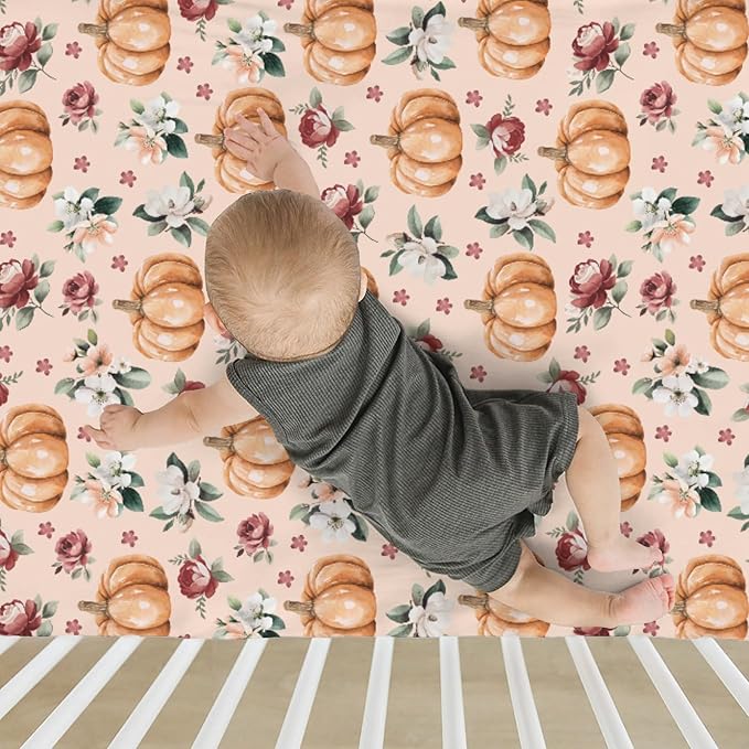Vintage Floral Pumpkin Fall Baby Crib Sheets for Boy Girl 52x28 Pastel Pumpkins Flower Soft Snug Fitted Crib Mattress Cover Autumn Thanksgiving Harvest Baby Sheet for Standard Crib & Toddler Mattress
