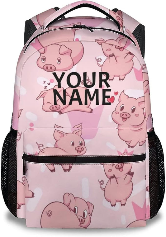 AIOMXZZ Personalized Pig Backpack Gifts with Text Name, 16 Inch Cute Pig Bookbag Durable, Lightweight, Large Capacity, Funny Animal Backpack for School Girls Kids Women