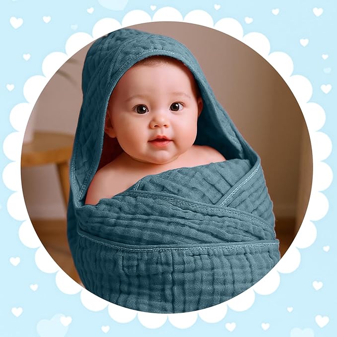 Peryiter 4 Pcs Muslin Hooded Baby Towels, 32x 32'' Cotton Newborn Bath Towel Muslin Infant Baby Blankets Absorbent Unisex Christmas Registry Gift Essentials for Girls Boys (Green Series)