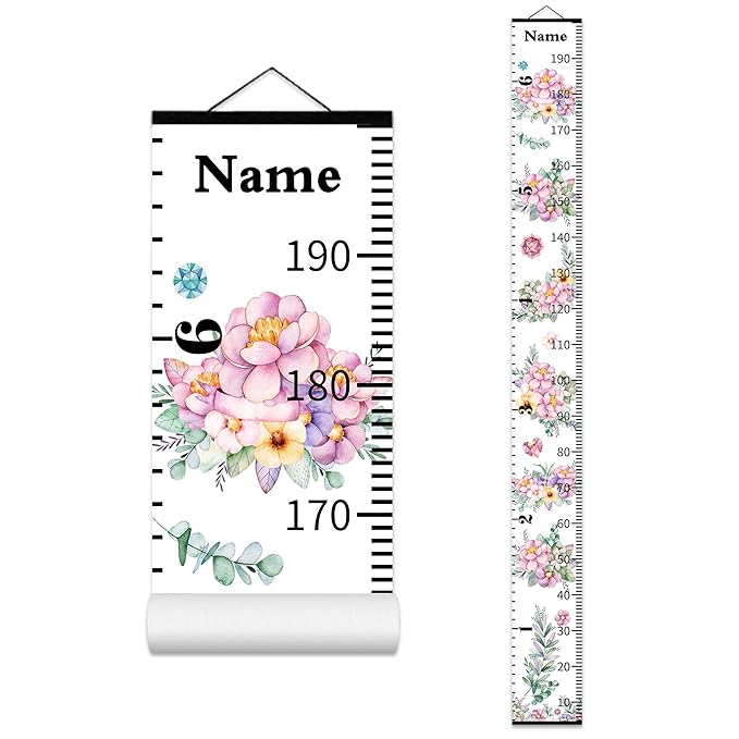 Wall Height Chart for Kids Personalized Name Custom Christmas Gift Baby Girls Flower Room Decor Wall Canvas Height Growth Measurement Ruler for Toddler Removable Wall Hanging Playroom Decoration