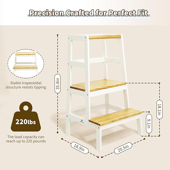 Damoch Family® Premium Solid MOORE Toddler Kitchen Step Stool - A-Shaped Safety Design | CPSC/REACH/CPC Certified | Kids Counter Standing Tower for Cooking, Washing Hands & Brushing Teeth