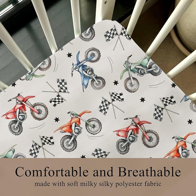 Vintage Motor Dirt Bike Baby Crib Sheet for Boys & Girls 28x52 Inch Cute Race Bikes Plaid Checker Flag Stars Baby Sheet for Standard Crib and Toddler Mattress Toddler Bed Sheet Bike One Size