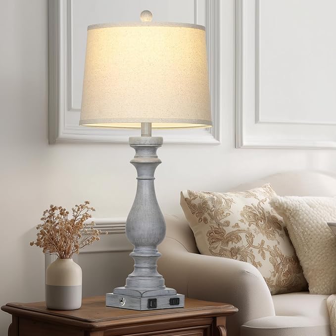 Cinkeda 29" Tall Farmhouse Table Lamp for Living Room Set of 2,Vintage Retro Nightstand Lamps with USB C+A Ports & AC Outlet,3-Way Dimmable Touch Bedside Lamp for Bedroom Side Table,Light Grey