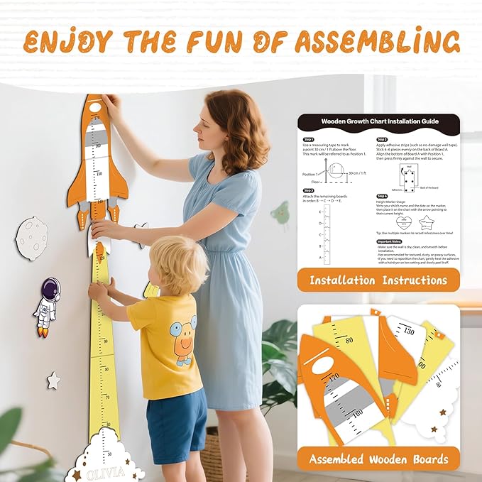 Woodemon Personalized Name Height Chart for Kids, Cute Rocket Wooden Growth Chart for Kids, Wall Height Chart for Children, Cute Wall Ruler for Kids, Track Height Measurement, Easy to Install