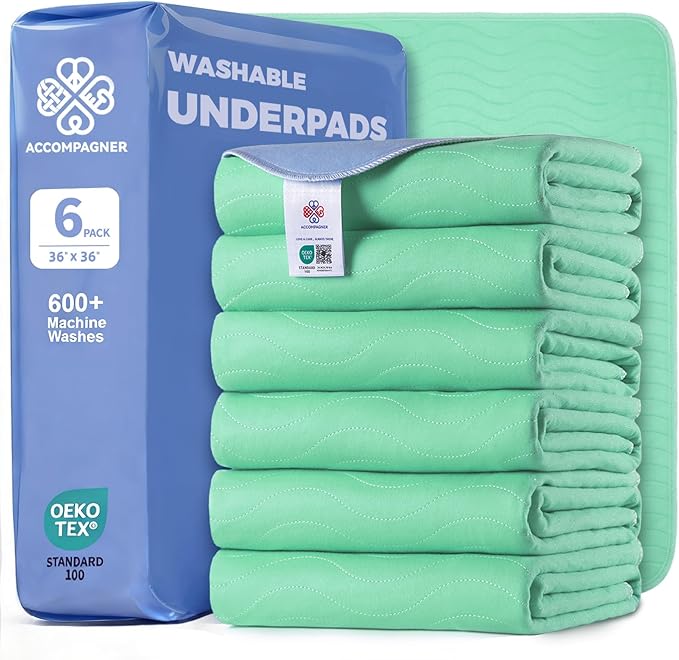 Accompagner Waterproof Reusable for Adults and Pets Washable Pee Pads for Dogs Changing Pad Large Dog Bed Size Adults Incontinence Bed Pads - Non-Slip Leak-Proof (Green, 6Pack-36" x36")
