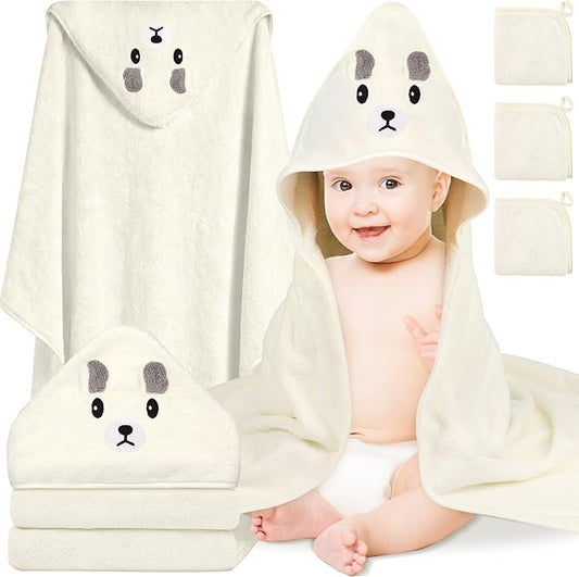4 Pcs Baby Towels Set, 32x32 in Hooded Bath Towel and 3 Pcs Baby Washcloths for Newborns, Toddlers, and Kids, Soft Baby Towels and Washcloths Set for Boys and Girls (White Bear)
