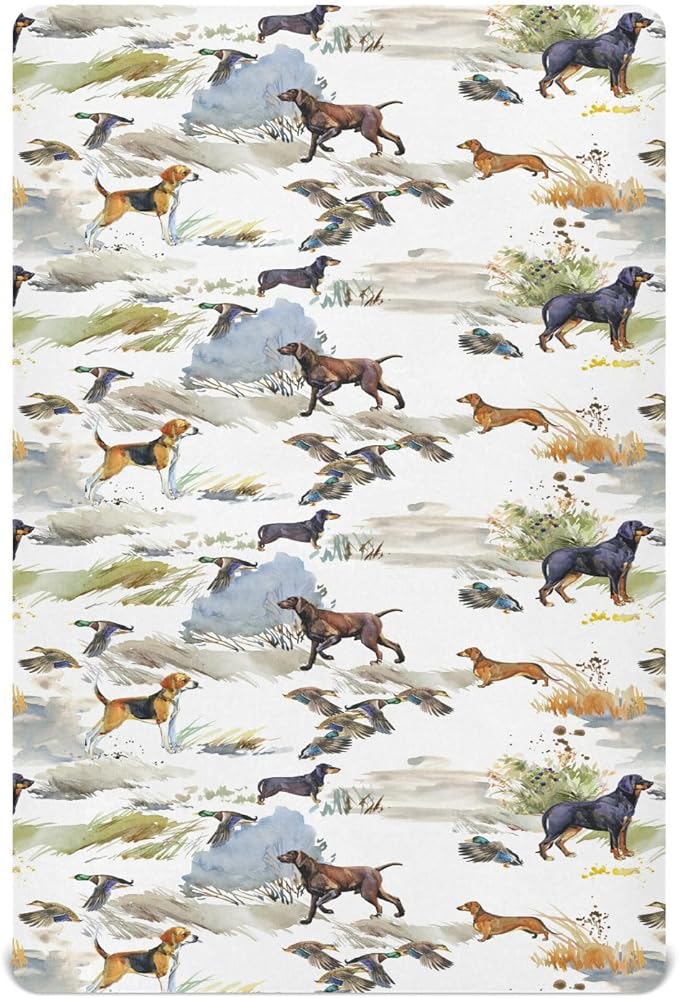 Fitted Crib Sheets for Baby Boys or Girls Soft Breathable Baby Play Yard Sheet for Standard Size Crib Mattress 52x28in Hunting Dogs and Ducks