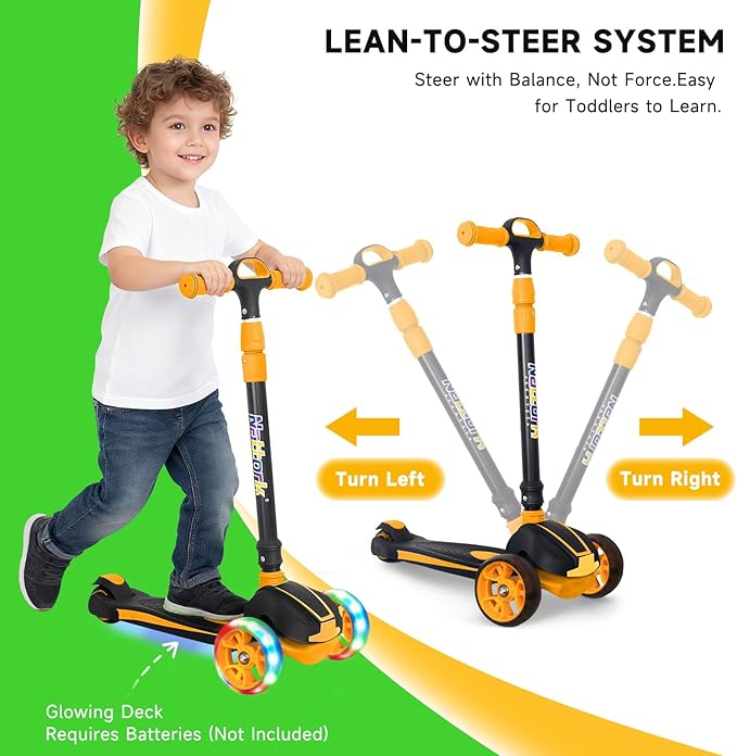 Nattork Kids Scooter for Age 3-8, Toddler Scooter with 4 Adjustable Height for Boys & Girls, Light Up 3-Wheels Foldable Kick Scooter, Lean to Steer, 120LB Weight Capacity