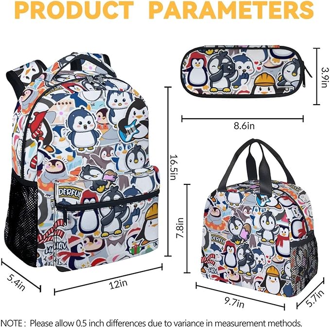 COOPASIA Penguin Backpack with Lunch Box and Pencil Case, 16 Inch Penguin Theme Bookbag with Adjustable Straps, Durable, Lightweight, Large Capacity, School Backpack for Girls Women