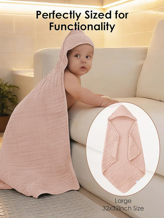 Muslin Hooded Baby Bath Towels - 3 Pack 100% Cotton Ultra-Soft Towels for Newborns, Infants, Toddlers - 32x32 Inch - Highly Absorbent, Quick-Dry Essentials for Bath Time, Beach, Pool, Neutral Series
