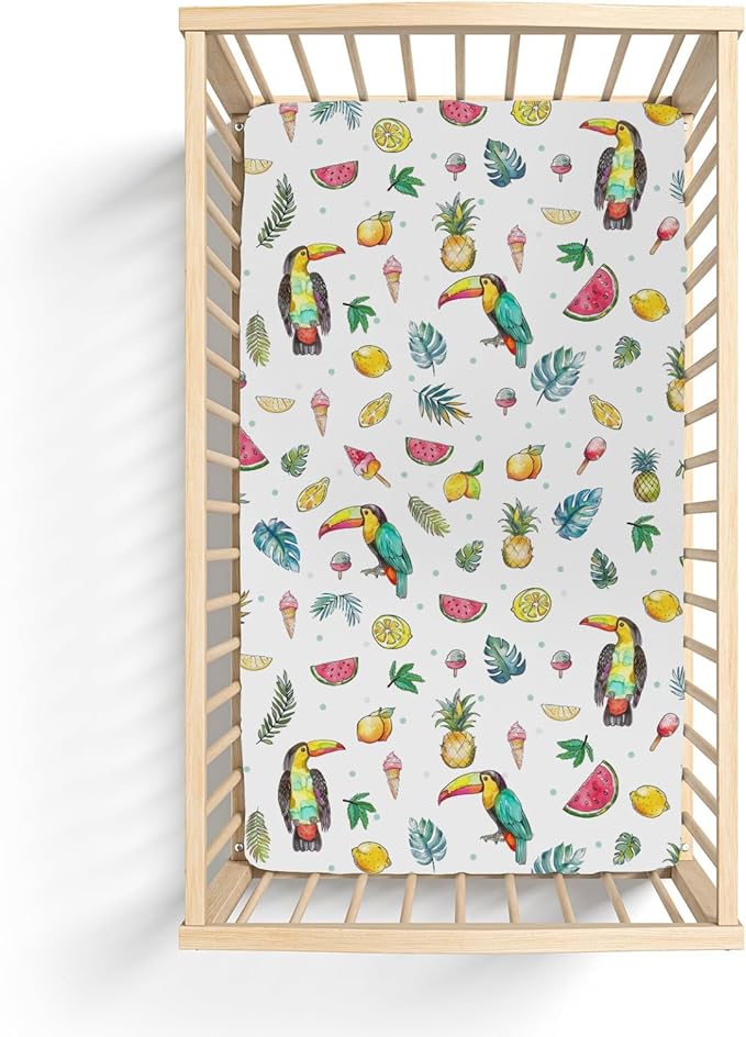 Toucan Tropical Flowers Leaves Baby Crib Sheets for Boy Girl 52"x28" Summer Birds Fruits Soft Snug Fitted Crib Mattress Cover Beach Vacation Baby Sheet for Standard Crib and Toddler Bed Mattresses