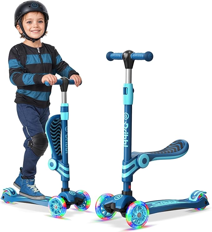 Blue 3 Wheel Scooter with Seat for Kids, Light-Up Wheels, Adjustable Lean to Steer Handlebar and Seat, Smooth Wheels, Wide No-Slip Deck, Rear Foot Brake, Toddler Outdoor Toys for Ages 2+