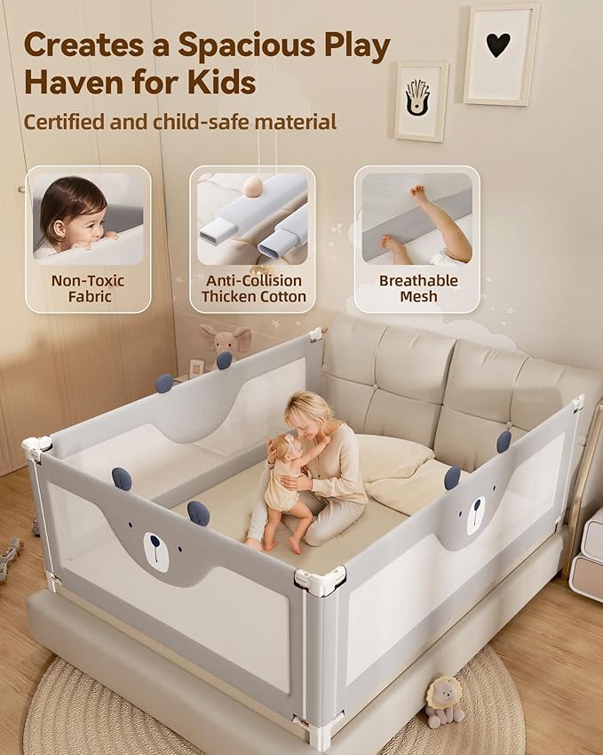 Baby Bed Rail Guard for Toddlers, Reinforced 60in Toddler Bed Rails for Queen Bed with Height Adjustable, Extral Tall Child Safety Side Railing Guards/Bedrail for Kids,Grey Bear, 1 Side 60" Lx28 H