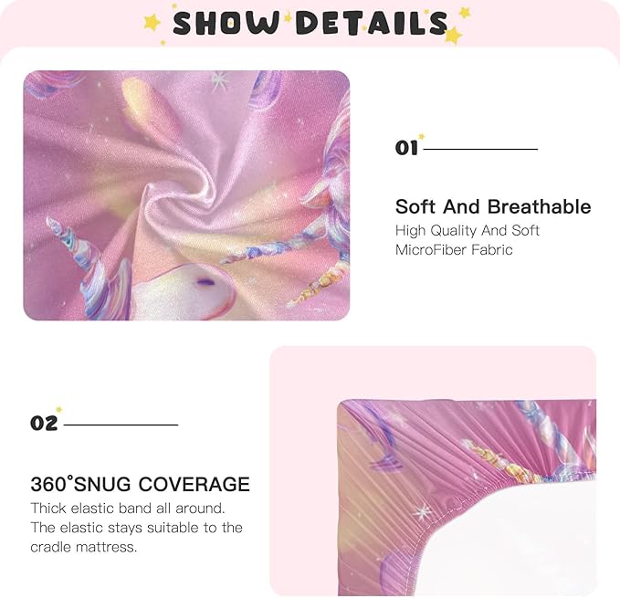 Rainbow Gradient Starry Unicorn Horn Hearts Crib Sheets Standard Crib Toddler Mattresses Cover Fitted Baby Bed Sheet Breathable Crib Mattress Sheet for Girls Boys 52" x 28"x5''