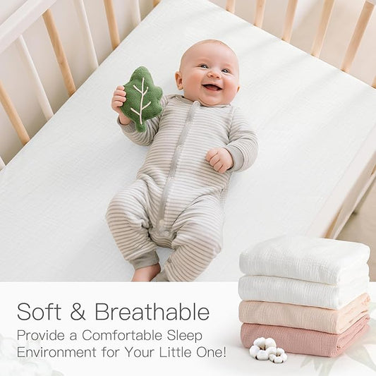 Baby Organic Crib Sheets 2 Pack 100% Organic Muslin Cotton 52x28 Inches Fitted Crib Mattress Sheet for Baby Girls Boys, Ultra Soft Neutral Toddler Bedding Bed Sheets Fits Standard Size Cribs Mattress