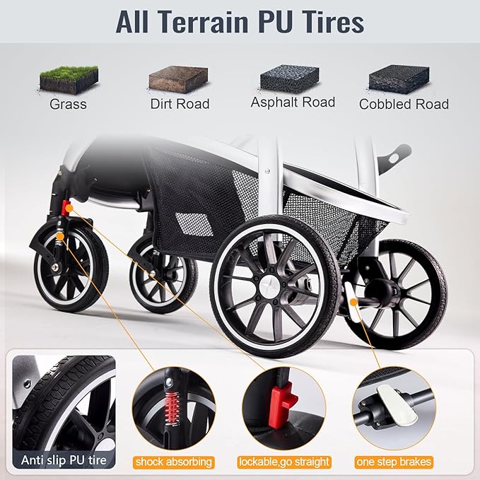 Baby Stroller, 2-in-1 Reversible Toddler Seat with Bassinet Mode, Foldable Infant Stroller with Canopy, One Button Brake, Adjustable Handle, Newborn Pushchair(Black)