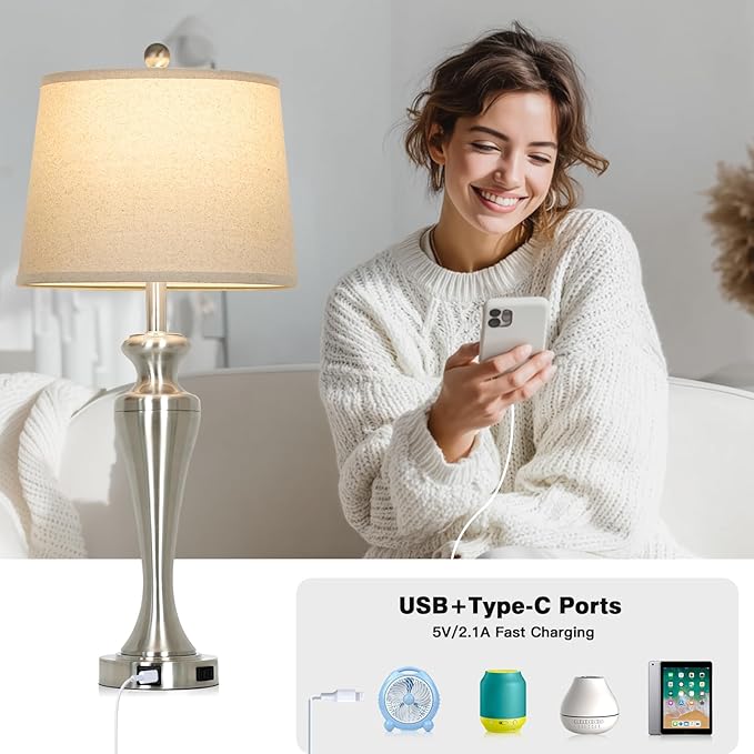 LUXEFLOW 30" Silver Table Lamps Set of 2, 3-Way Dimmable Touch Living Room Lamp with USB A+C Ports and AC Outlet, Modern Brushed Nickel Bedroom Lamps, Tall Metal Bedside Lamp for Nightstand Side Table