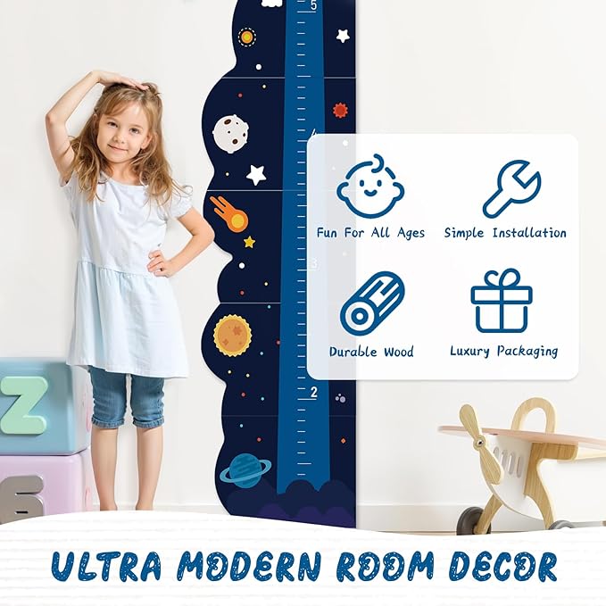 Woodemon Personalized Name Growth Chart for Wall, Rocket Wood Height Chart for Kids, Height Measurement for Wall, Boy Girls Height Wall Chart Growth Measuring Ruler, Toddler Playroom Decor