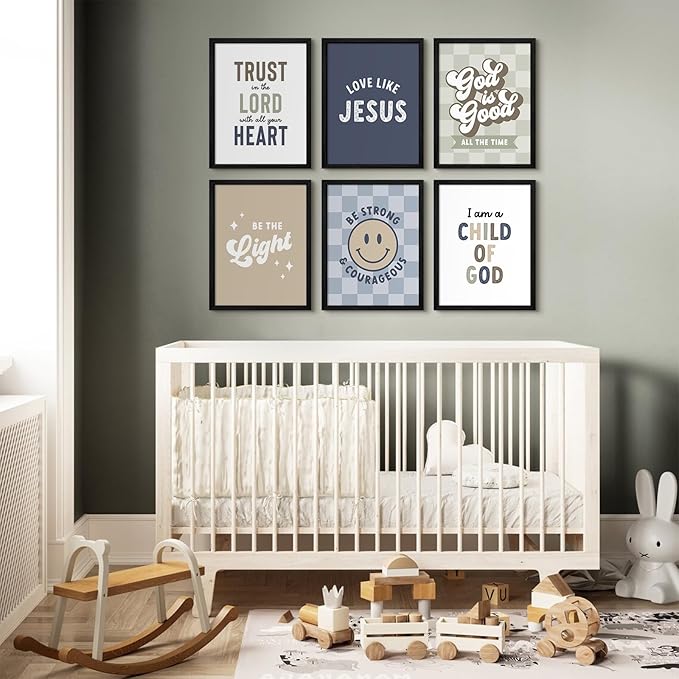 Bible Verses Wall Art Decor Christian Boy Nursery Canvas Wall Decor Boy Kids Room Posters Scriptures Religious Prints Modern Children Christian Pictures Artwork for Bedroom 8x10x6 Inch Framed