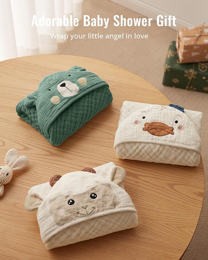 Blissful Diary Muslin Baby Hooded Towel 2 Pack, Soft & Absorbent Bath Towel for Infant, Toddler, Unisex, Baby Gift, Newborn Essentials, Bear & Lamb