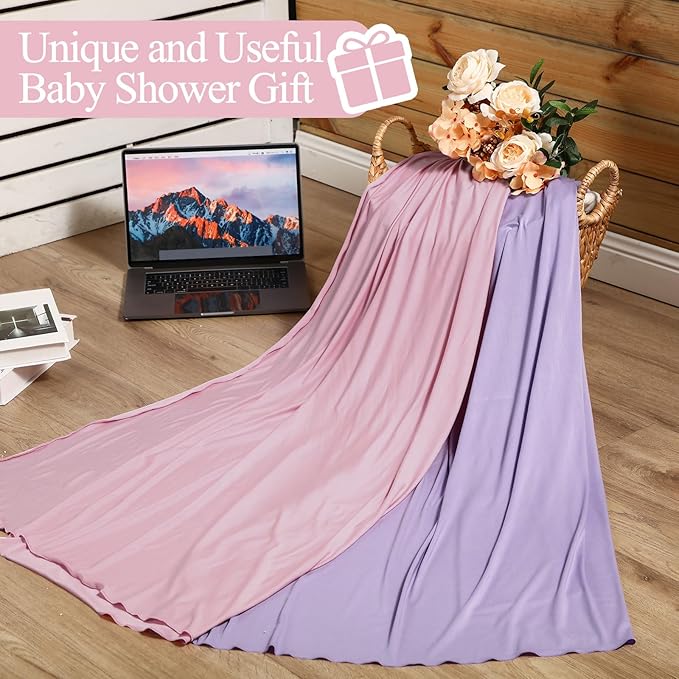 JaGely 2 Pcs Stretchy Baby Swaddle Blankets Set Extra Soft 47" x 47" Baby Newborn Swaddle Blanket and Hat(Pink, Light Purple)