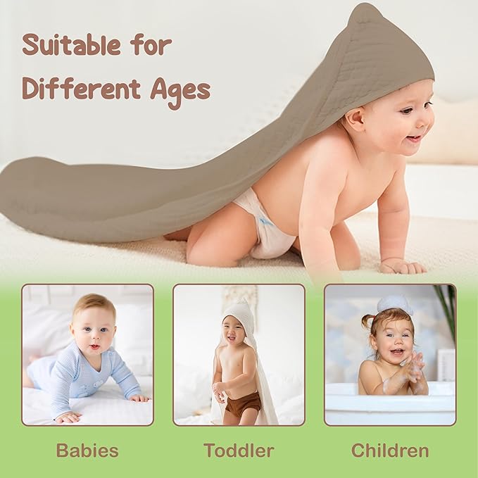 Organic Cotton Muslin Baby Hooded Towels - 32x32 Inch, 2 Pack Newborn Bath Towels for Boys & Girls, Soft & Absorbent Bath Set (Olive/Ivory)