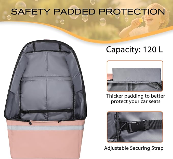 LARIPOP Car Seat Travel Bag for Airplane,Infant Seat Travel Bag with Shoulder Strap,Padded Car Seats Backpack with Reflective Stripes,Large Carseat Carrier Bag Travel Car Seat Cover,Flesh Pink