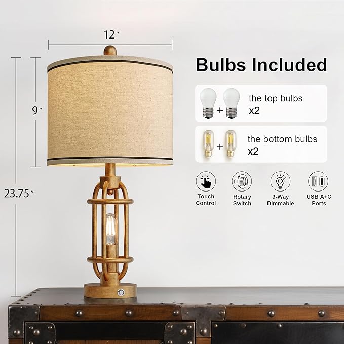 G-SAFAVA 23.75'' Table Lamps Set of 2 for Living Room Bedroom Industrial Farmhouse Metal Touch Lamps with USB A+C Ports, Night Light Vintage Nightstand Bedside Lamp, Bulbs Included, Antique Gold
