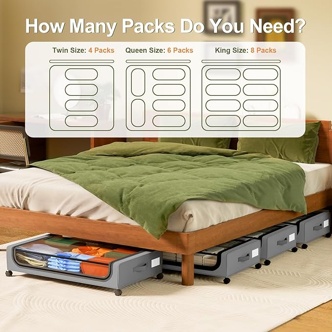 GoMaihe Under Bed Storage with Wheels: XXL Underbed Storage Containers with Lids - Rolling Bins for Shoes Clothes in Dorm Bedroom - Metal Drawers Easy Pull-out Grey 4-Pack