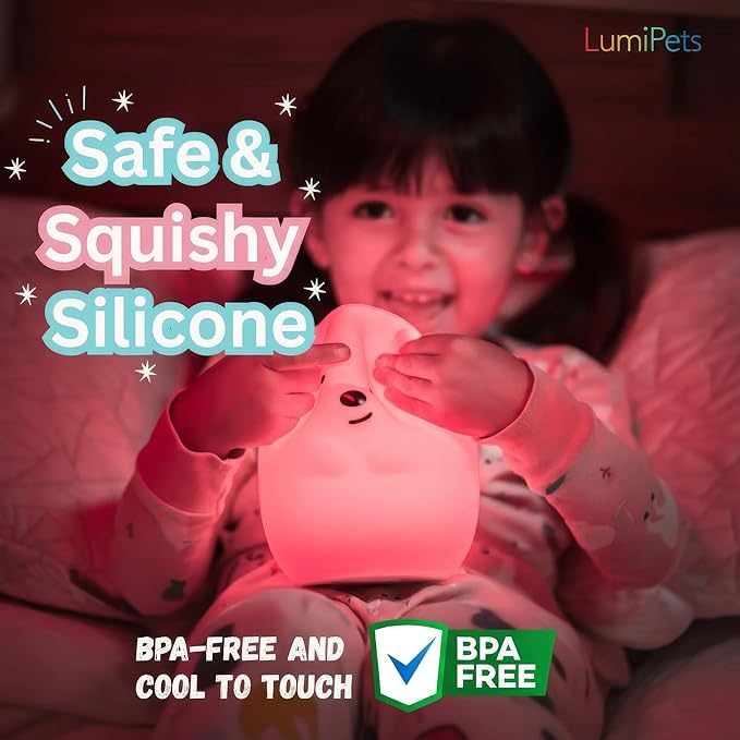Lumipets Benny The Bear Squishy Silicone Night Light for Kids | Cute Night Light with Remote & Touch Control for Girls & Boys | 9 Color Changing Soft Portable Animal Lamp Comes with USB Cord