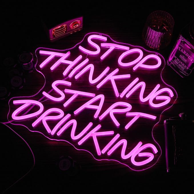 LYUODRE Stop Thinking Start Drinking Neon Sign Pink Neon Signs for Wall Decor Man Cave LED Neon Lights up Letters for Bar Pub Restaurant Birthday Party Gift Led Art Wall Decorative Crs Light Bar Sign, 5V Usb Powered,13.38"L x 12.99"W)