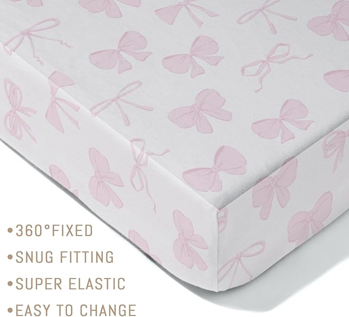 Pastel Pink Bows Baby Crib Sheets for Boys Girls Preppy Girly Ribbons Soft Snug Fitted Crib Mattress Covers for 52''x28'' Standard Crib & Toddler Mattress Cute Valentine Bows Nursery Bed Sheets