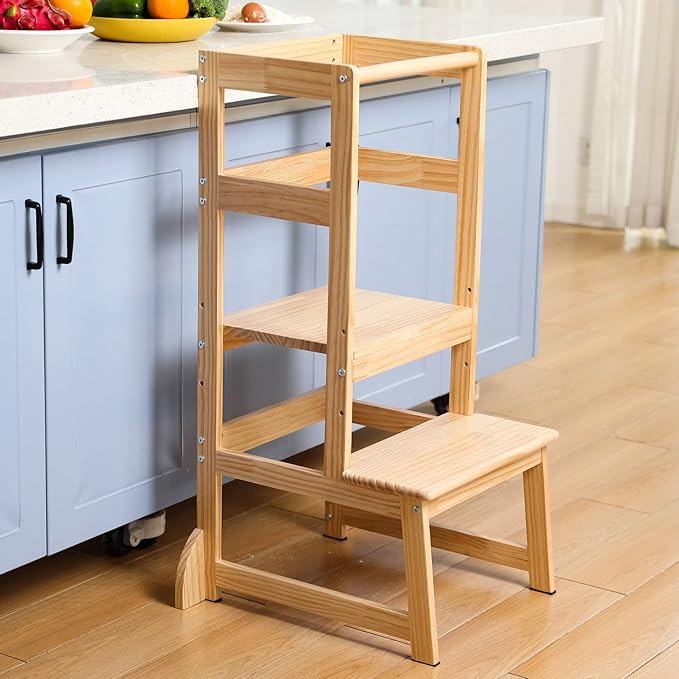 Mother's Helper Adjustable Height Kitchen Step Stool, Kids Helper Learning Stool Toddler Tower with Safety Rail for Kitchen Counter, Montessori Stool (Natural)