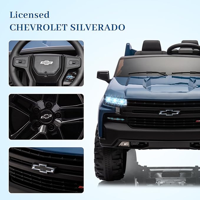 GarveeLife 24V 2-Seater Truck Licensed Chevrolet Silverado Ride On Car Kids Toy, Electric Vehicle Car for Toddlers with Parent Remote Control, Blue