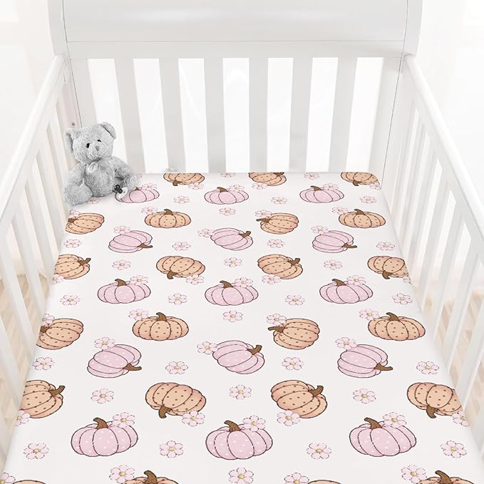 Fall Pumpkin Boho Flower Baby Crib Sheets Autumn Thanksgiving Harvest Baby Sheet Fitted Crib Mattress Cover Pastel Pumpkins Floral Standard Toddler Mattress 52''x28''