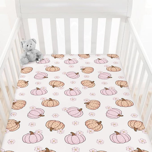 Fall Pumpkin Boho Flower Baby Crib Sheets Autumn Thanksgiving Harvest Baby Sheet Fitted Crib Mattress Cover Pastel Pumpkins Floral Standard Toddler Mattress 52''x28''
