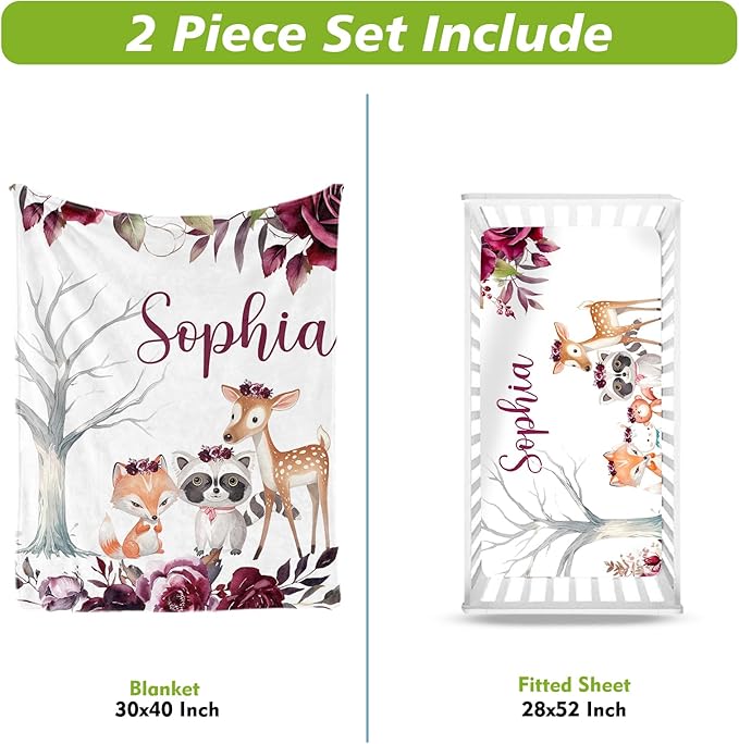 Personalized Crib Bedding Set for Boys Girls, Custom Baby Crib Sets with Name, Rose Animal Design Nursery Bedding 2 Piece - Soft Blanket with Double Layer Dotted Backing, Crib Fitted Sheet