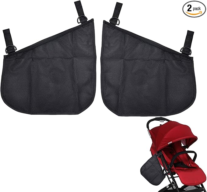 Peixiong 2 Pack Side Sling Cargo Stroller Net, Universal Stroller Organizer Bag, Non-Slip and Adjustable Straps Storage Mesh Cargo Net for Stroller Storage (Black)
