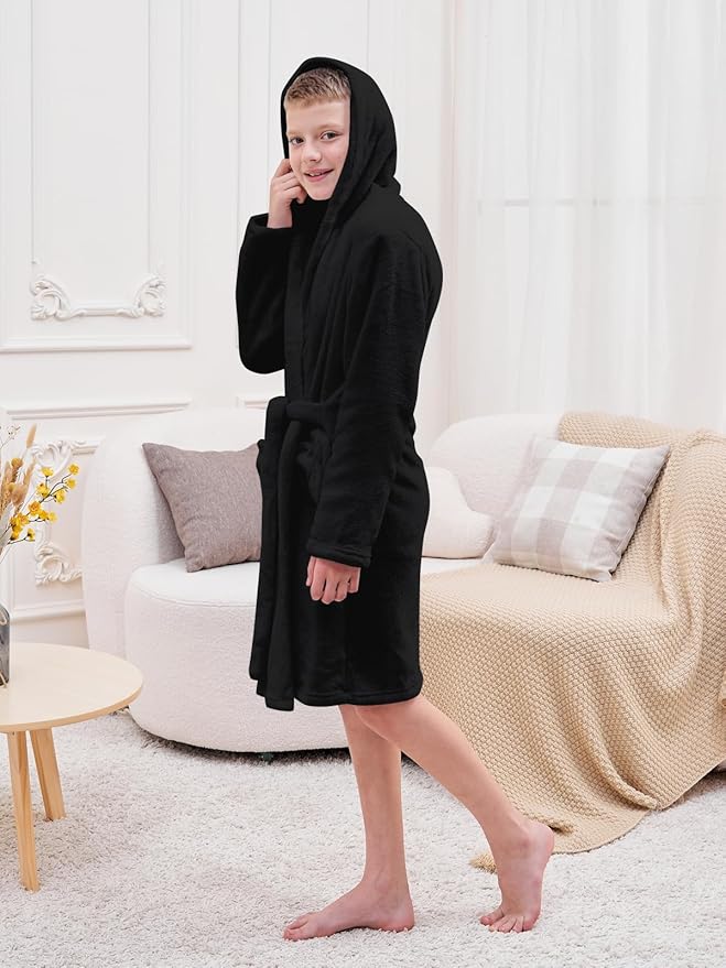 Umeyda Boys Girls Robes, Soft Fuzzy Fleece Hooded Bathrobes with Belt and Pockets for Kids, 1-18 Year