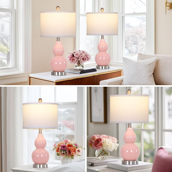 luxeflow 22" Double Gourd Ceramic Table Lamps Set of 2, Pink Modern Bedside Lamps for Living Room, Contemporary Nightstand Desk Lamps for Bedroom End Table Home Office Decor(2 LED Bulbs Included)