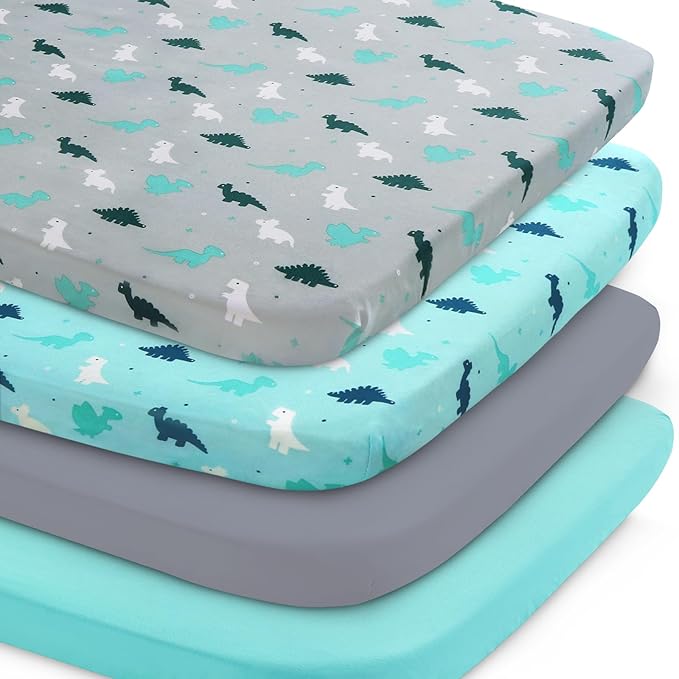 Graco Pack n Play Sheets - 4 Pack Mini Crib Sheets, Ultra Soft Mattress Compatible, Dinosaurs